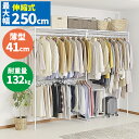ハンガーラック 2段 突っ張り コートハンガー 洋服収納 クローゼット 薄型 ワードローブ 伸張式 大型 壁面 上棚 衣類 服 ラック 棚付き 頑丈 大容量 コート収納 伸縮 白 収納付き つっぱり 特大 250cm