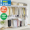 ハンガーラック 2段 突っ張り コートハンガー 洋服収納 クローゼット 薄型 ワードローブ 伸張式 大型 壁面 上棚 衣類 服 ラック 棚付き 頑丈 大容量 コート収納 伸縮 白 収納付き つっぱり 特大 250cm