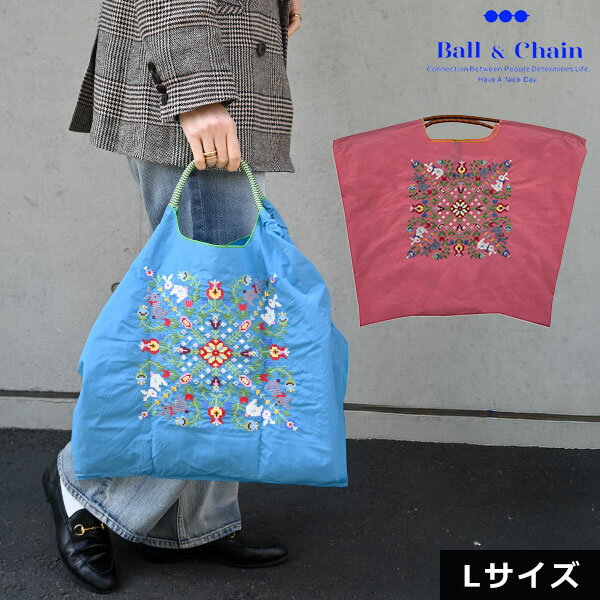 Rakuten - エントリーでポイント上乗セ 【送料無料】【即納】 Ball＆Chain ボールアンドチェーン 正規品 WITH FLOWER　Lサイズ バッグ クロスステッチ エコバッグ トートバッグ 刺繍 ギフト A4 301174