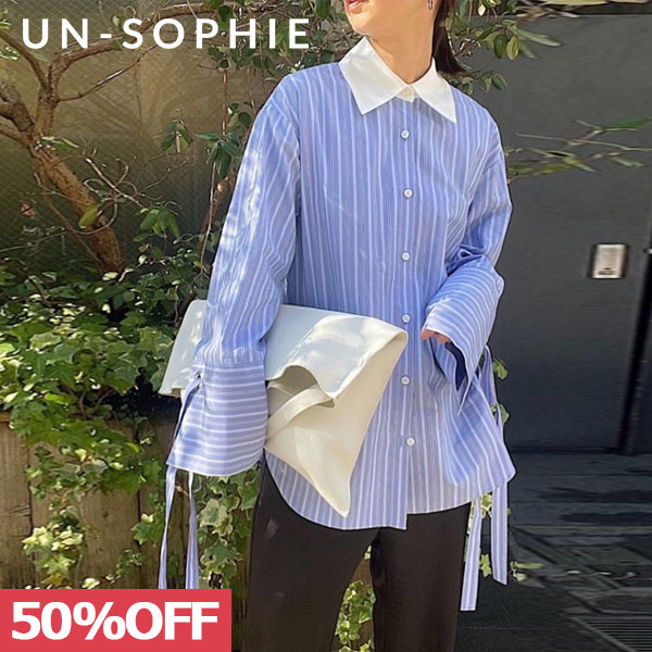 【SPRING SALE50 OFF】 【即納】 アンソフィー un-sophie Stripe cuffs ribbon shirts トップス ミドル丈 シャツ 長袖 ストライプ uve230121