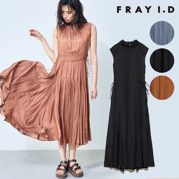 【SALE40%OFF】フレイ アイディー FRAY I.D 晩夏初秋 プリーツシャーリングワンピース レディース ワンピース ロング プリーツ フレア シャーリング ハイウエスト ノースリーブ ナチュラル 上品 無地 ドット fwfo201101