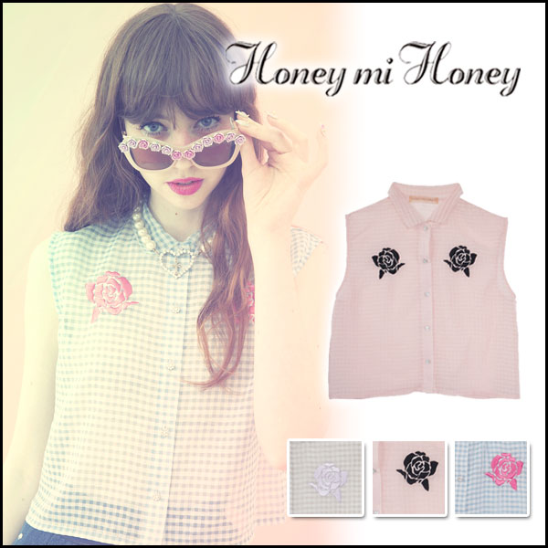 【ポイント10倍★クーポンで200円引き】ハニーミーハニー[Honey mi Honey]カタログ掲載！松井愛莉さんオーダー！Gingham chiffon rose blouseギンガムシフォンローズブラウス ノースリーブ[14S-TA-63]【RCP】【送料無料】【smtb-MS】【CFES_0516】