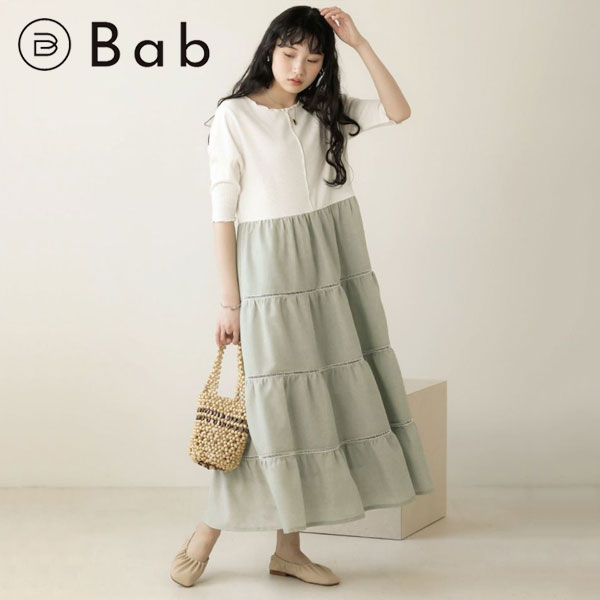 【SALE20%OFF】バブ Bab 21春夏 メローカット＆ティアードワンピース レディース ワンピース ロング丈 七分袖 フレア オーバーサイズ ゆったり マタニティ— 妊婦 体型カバー アウトドア カジュアル Bou ju loud ブージュルード 811138