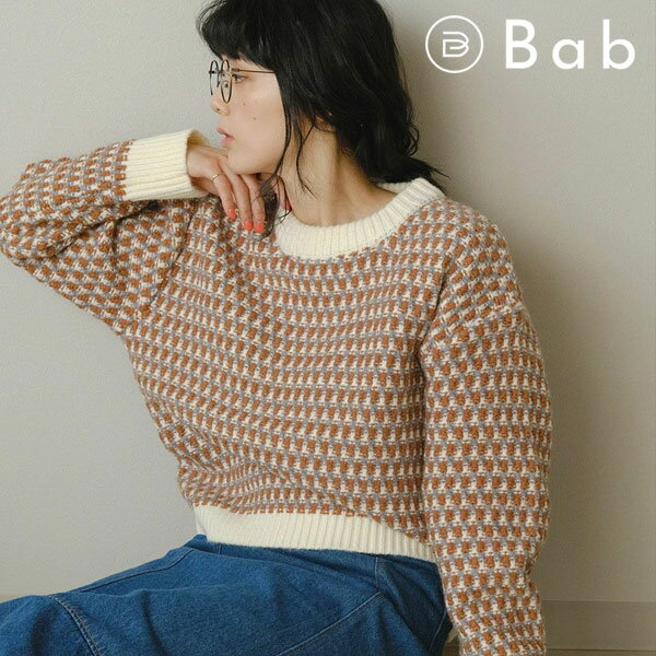 【SALE10%OFF】バブ Bab 21秋冬 マルチジャガードニットプルオーバー レディース トップス ニット プルオーバー 長袖 総柄 ジャガード編み チェック レトロ カジュアル プチプラ 韓国ファッション Bou ju loud ブージュルード 713605