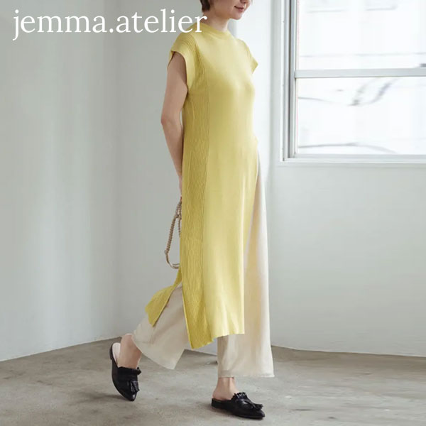 21年最新版 即納 ジェマアトリエ Jemma Atelier 21春夏 サイドスリットニットワンピ レディース ワンピース ロング スリット ニット レイヤード ドッキング 重ね着 深スリット アシメトリー ノースリーブ シンプル 無地 綺麗め 211 15 4 ギフトセット ワンピース