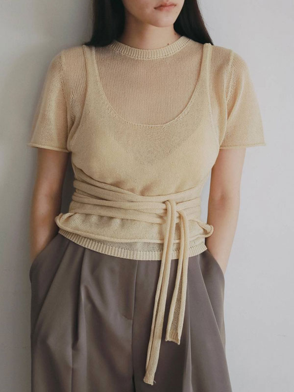 Rakuten - エントリーでポイント上乗セ アンヌーク anuke 2026Prefall トップス Wrapcami Layered Knit 7月上旬〜下旬予約 ラップキャミレイヤードニット 半袖 ミドル丈 レイヤード 26秋冬 62620503