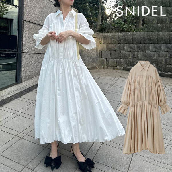 【期間限定 SALE10 OFF】 【即納】 スナイデル SNIDEL ドレス 24春夏 コットンギャザーバルーンシャツワンピース ロング丈 長袖 swfo241125