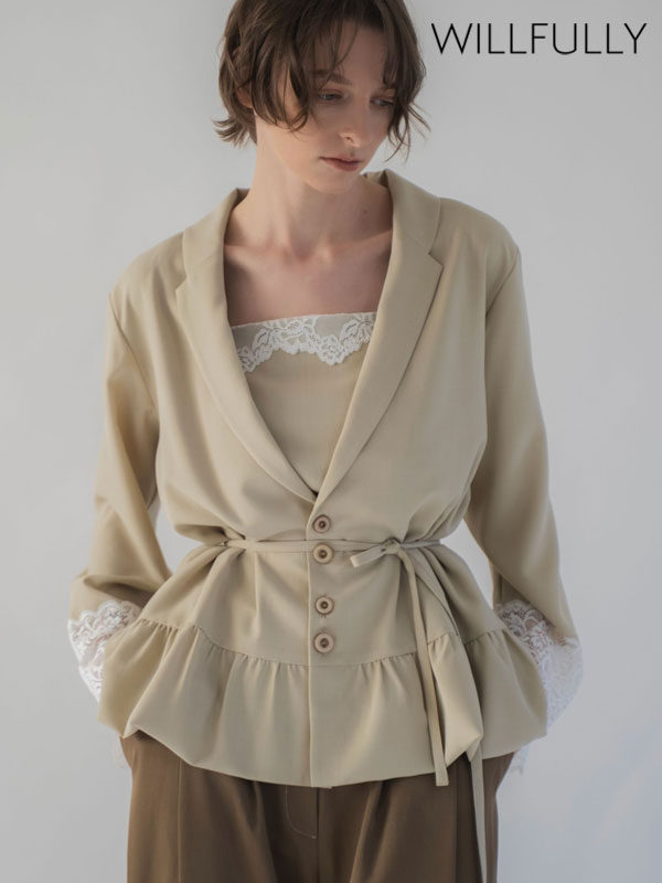 【新作10%OFF】 ウィルフリー WILLFULLY アウター cuffs lace hem balloon frill JK 2月下旬～3月中旬予約 袖口レース裾バルーンフリルジャケット 長袖 ミドル丈 2611-ou-06