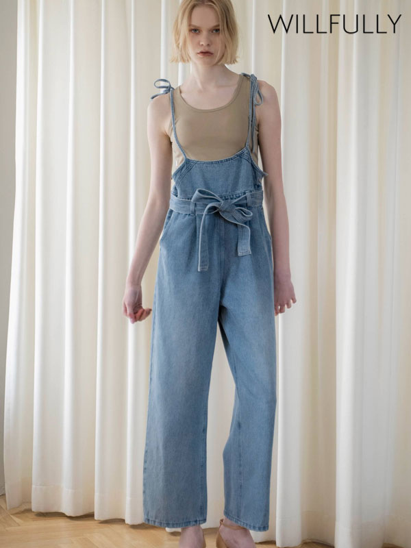 ウィルフリー WILLFULLY オールインワン denim tapered ribbon salopette デニムテーパードリボンサロペット フルレングス 2611-ol-09