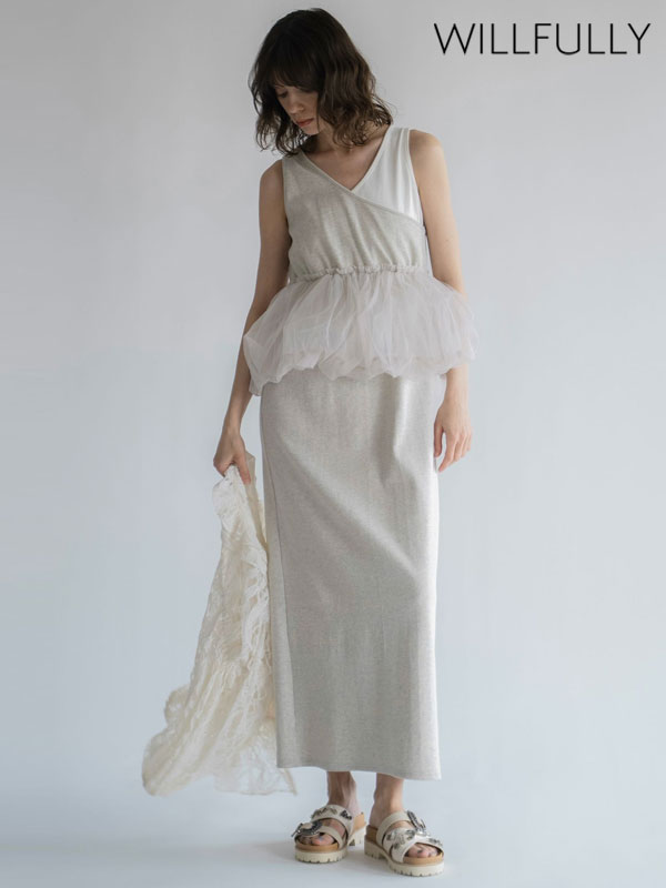 エントリーでポイント上乗セ 【新作10%OFF】【即納】ウィルフリー WILLFULLY ワンピース tulle peplum docking rib OP チュールペプラムドッキングリブワンピース ロング丈 タンクトップ ドレス 2611-op-12