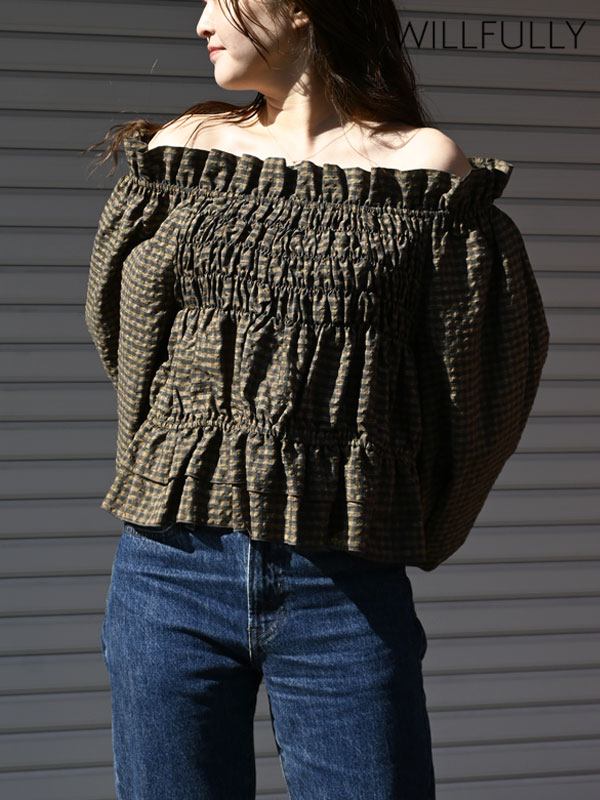 ウィルフリー WILLFULLY トップス volume sleeve shirring hem tiered BL ボリュームスリーブシャーリングヘムティアードブラウス ミドル丈 長袖 2611-to-13