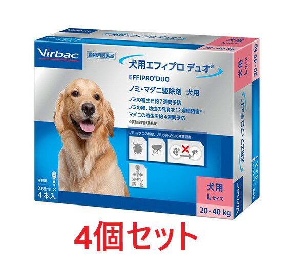 犬用エフィプロ デュオは、フィプロニルとピリプロキシフェンのコンビネーションで、ノミとダニをしっかりブロックする犬用寄生虫予防・駆除剤です。 ライフスタイルに合わせた予防プログラムが可能！ ●マダニの寄生を約4週間予防 ●ノミの寄生を約7週間予防 ●ノミの卵、幼虫の発育を12週間阻害※ ※実験室内試験結果 【効果効能】 犬：ノミおよびマダニの駆除 　　ノミ卵の孵化阻害及びノミ幼虫の変態阻害によるノミ寄生予防 【成分・分量】 有効成分：本品1mL中 フィプロニル… 100mg ピリプロキシフェン… 30mg 【用法・用量】 必ず商品の添付文書をよく読み用法・用量を守って正しくご使用ください。 犬の肩甲骨間の首の付け根の被毛を分けてピペットの先端を皮膚に直接付け、下表の通り犬の体重に対応する投与量を滴下する。 体重：投与量 2kg以上10kg以下：0.67mLピペット全量 10 kgを超え20kg以下：1.34mLピペット全量 20 kgを超え40kg以下：2.68mLピペット全量 40 kgを超え60kg以下：4.02mLピペット全量 【注意事項】 1. 守らなければならないこと (一般的注意) ●本剤は、効能・効果において定められた目的にのみ使用すること。 ●本剤は、定められた用法・用量を厳守すること。 ●本剤は、犬以外の動物、特にウサギには使用しないこと。 ●本剤は、獣医師の指導の下で使用すること。 (使用者に対する注意) ・本剤の内容液を直接手で触らないこと。 ・本剤投与後、完全に乾くまで(通常1時間程度)は投与部位に直接触れないこと。また、投与 したことを知らない人も触れないように注意すること。特に小児が、投与した犬に触れないよ うに注意すること。そのため、投与後の犬と小児との接触を避けるよう大人が注意を払える時間帯に投与し、投与後間もない犬が、特に小児と一緒に寝ないようにすることが望ましい。 ●本剤は飲み込むと神経毒性などを生じる恐れがあり、有害である。手から口への接触等を 介して摂取することがないよう、皮膚や口に付着しないようにすること。 ●喫煙や飲食をしながら投与しないこと。 (犬に関する注意) ●本剤は10週齢未満又は体重2kg未満の犬には投与しないこと。 ・本剤の成分に過敏症がある場合は使用しないこと。 ・病中の犬及び衰弱した犬に対する投与については獣医師と相談し、投与の適否を慎重に 決定すること。 ●妊娠中、授乳中の犬に対する投与については獣医師と相談し、投与の適否を慎重に決定すること。 ●本剤は皮膚病や外傷等の皮膚に異常が認められる部位には使用しないこと。 ●本剤は外用以外に使用しないこと。 ・4週間未満の間隔での本剤の再投与については、安全性試験を実施していないため、行わないこと。 ●本剤は1回投与するとノミに対し約7週間、マダニに対して約4週間、新規の寄生を防御することができる。さらに本剤は、ノミ卵の孵化及びノミ幼虫の変態を12週間阻害することが実験室内試験において認められている。次回の投与は、これらの寄生虫を防御する期間を考慮 して行うこと。 (取扱い及び廃棄のための注意) ・ピペットは使用直前にオーバーブリスターから取り出すこと。 ●遮光のため、外箱に入れて保管すること。 ・小児の手の届かないところに保管すること。 ●本剤の保管は、直射日光、高温及び多湿を避け、火気厳禁とすること。特に夏季において、高温多湿の場所に長期間保管しないように注意すること。 ●使用後のピペットは直ちに廃棄すること。空容器は、地方公共団体条例等に従い処分すること。 ・魚及びその他の水棲生物に影響を与える恐れがあるため、本剤又は使用済みの空容器が湖沼、水路又は下水溝に混入しないようにすること。 ●本剤を廃棄する際は、環境や水系を汚染しないように注意し、地方公共団体条例等に従い処分すること。 2. 使用に際して気を付けること (使用者に対する注意) ●使用後は石けんと水で手をよく洗うこと。 ・誤って薬剤を飲み込んだ場合は、直ちに医師の診察を受けること。その際、添付文書を医師に提示すること。 ●内容液が皮膚に付着した場合は、水で洗い流すこと。 ●眼に付着しないようにすること。万一眼に入った場合は、多量の水で洗い流すこと。眼に刺激を感じた場合は医師の診察を受けること。 (犬に関する注意) ●副作用が認められた場合には、速やかに獣医師の診察を受けること。 ●本剤の投与の際、内容液が犬の眼に入らないように注意すること。万一眼に触れた場合は、 水で眼を洗い流すこと。 ●本剤投与後に投与部位を舐めないように注意すること。また、他の動物が投与部位を舐めないように注意すること。 ●本剤の投与後にシャンプーを行うと、効果の持続期間が短縮するおそれがある。シャンプーが必要な場合は、本剤投与前に行うのが望ましい。 (取扱いに関する注意) ●本剤は、フローリングの床や家庭用品及び家具等の塗装に影響を与える可能性があるので、それらに本剤が付着しないように注意すること。投与部位が乾かないうちに、犬がそれらに接触 しないように注意すること。 【使用期限】 当店ではメーカーから常に最新の使用期限（賞味期限）のものを仕入れております。 入荷や在庫状況によりご購入から発送までの間に表示の切り替えがある場合がございます。 先入れ先出しを基本とさせていただいておりますので、お届け致します商品はご購入時に掲載してある使用期限のものになります。 使用期限間近の商品は、使用期限を明記（商品ページに表記）の上販売する場合がございます。 ※使用期限はお問い合わせいただければ随時返答させていただきます。 なお、使用期限を選定してのお手配は出来かねますので、あらかじめご了承ください。 商品詳細 広告文責 タガワアニマルホームドクター合同会社 奈良県生駒市上町1112-1 TEL0743-84-4177 製造元 ビルバック 製造販売業者 株式会社ビルバックジャパン 原産国 フランス 商品区分 動物用医薬品