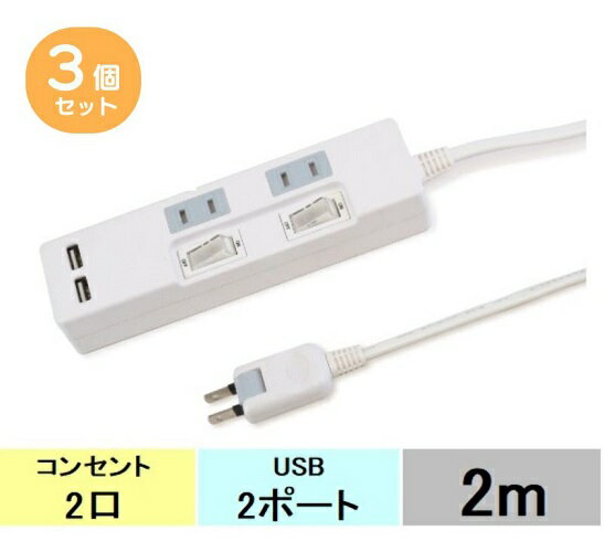 【3個セット】STYLED STP2UA2W-2 USB充電ポート付電源タップ 雷ガード機能搭載 ホワイト STP2UA2W2 送料無料 