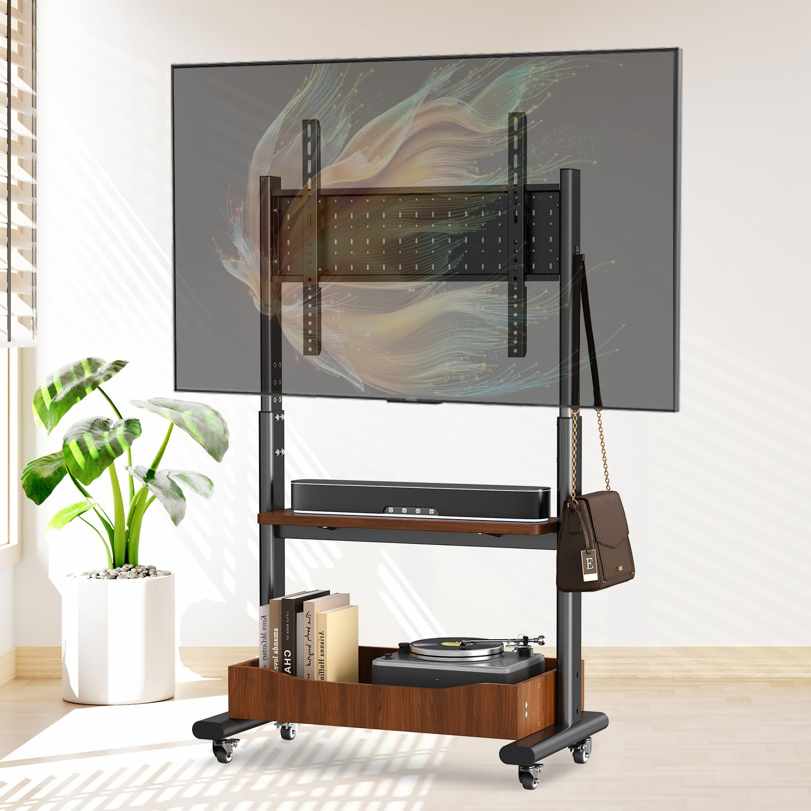 BESSTER 木目調テレビスタンド キャスター付き 木製tv stand 壁寄せテレビ台 移動式TVスタンド 32・75インチテレビ対応 ハイタイプ 耐荷重50kg 有孔ボード付き 高さ4段調節可能 大容量収納 木製棚板付き VESA/横100-600m