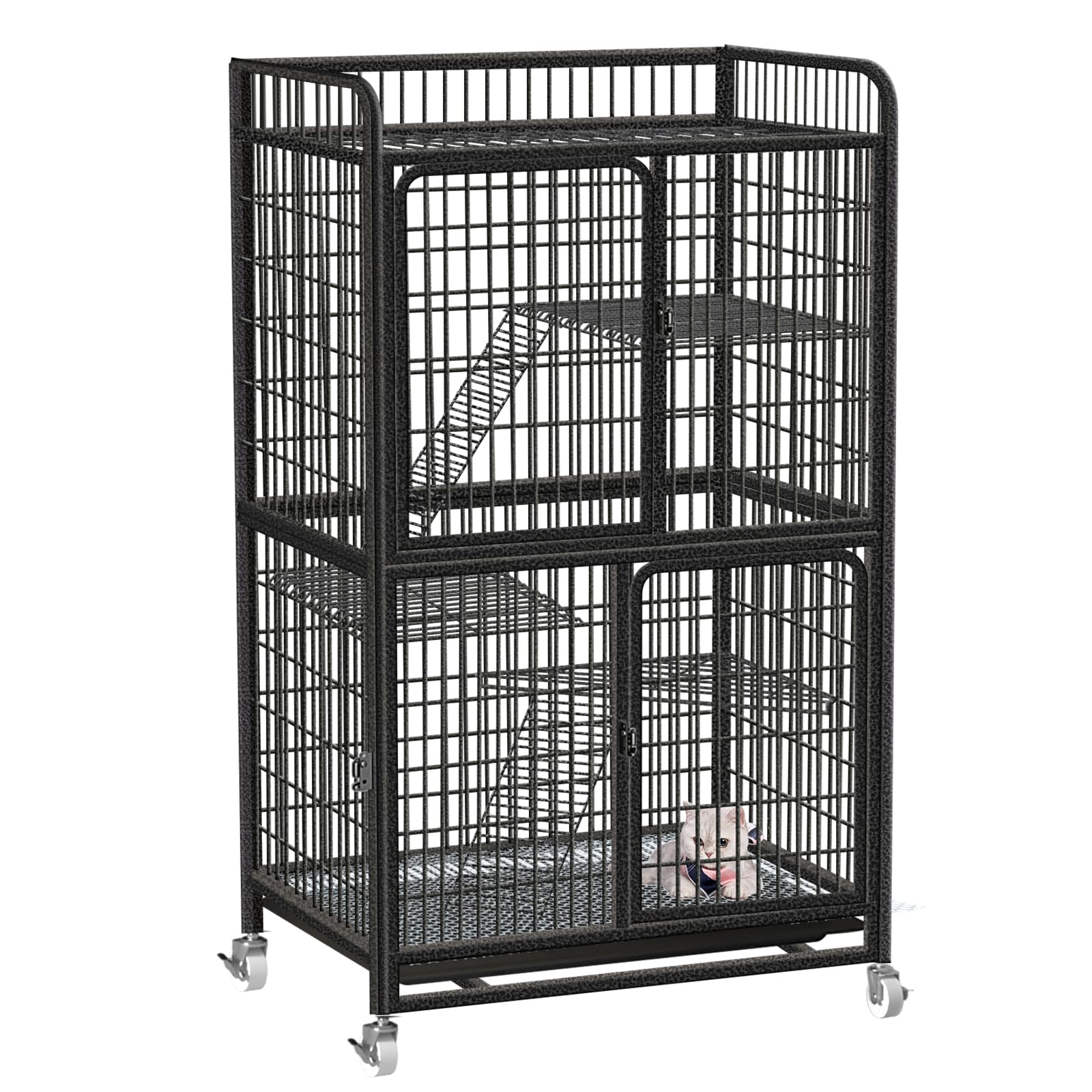 Areden 猫ケージ 猫用ケージ 猫ハウス （製品サイズ：86*60*155CM） 室内用猫のゲー ジ 大きめ動物ケー ジ 大型猫用ケー ジ 多頭飼い猫 移動便利 組立簡単 取り外し可能なペット用品 室内飼い 梯子 ドア トレー ステップ （シルバーブラ