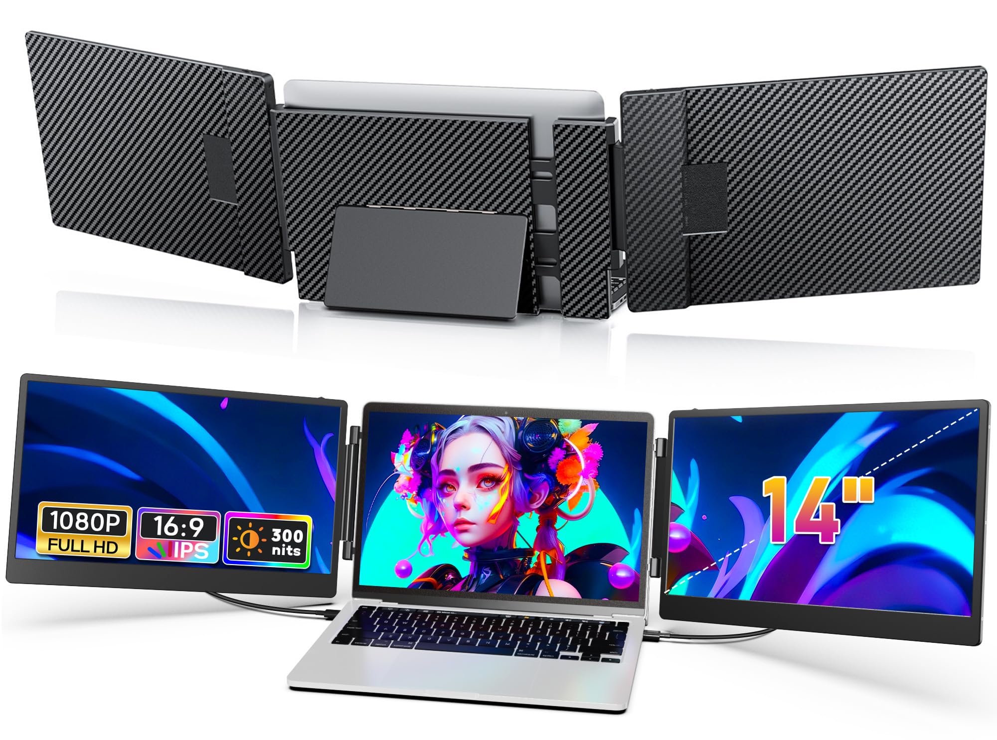 【送料無料】合金製 デュアルモニター 14インチ モバイルトリプルモニター Type-C ケーブル1本接続/USB2.0から拡張対応 11~16インチノートパソコン用 3画面 360°回転 折りたたみ式 デュアルディスプレイ FHD1080P IPSパネル Win/Mac/Android対応【X90A】