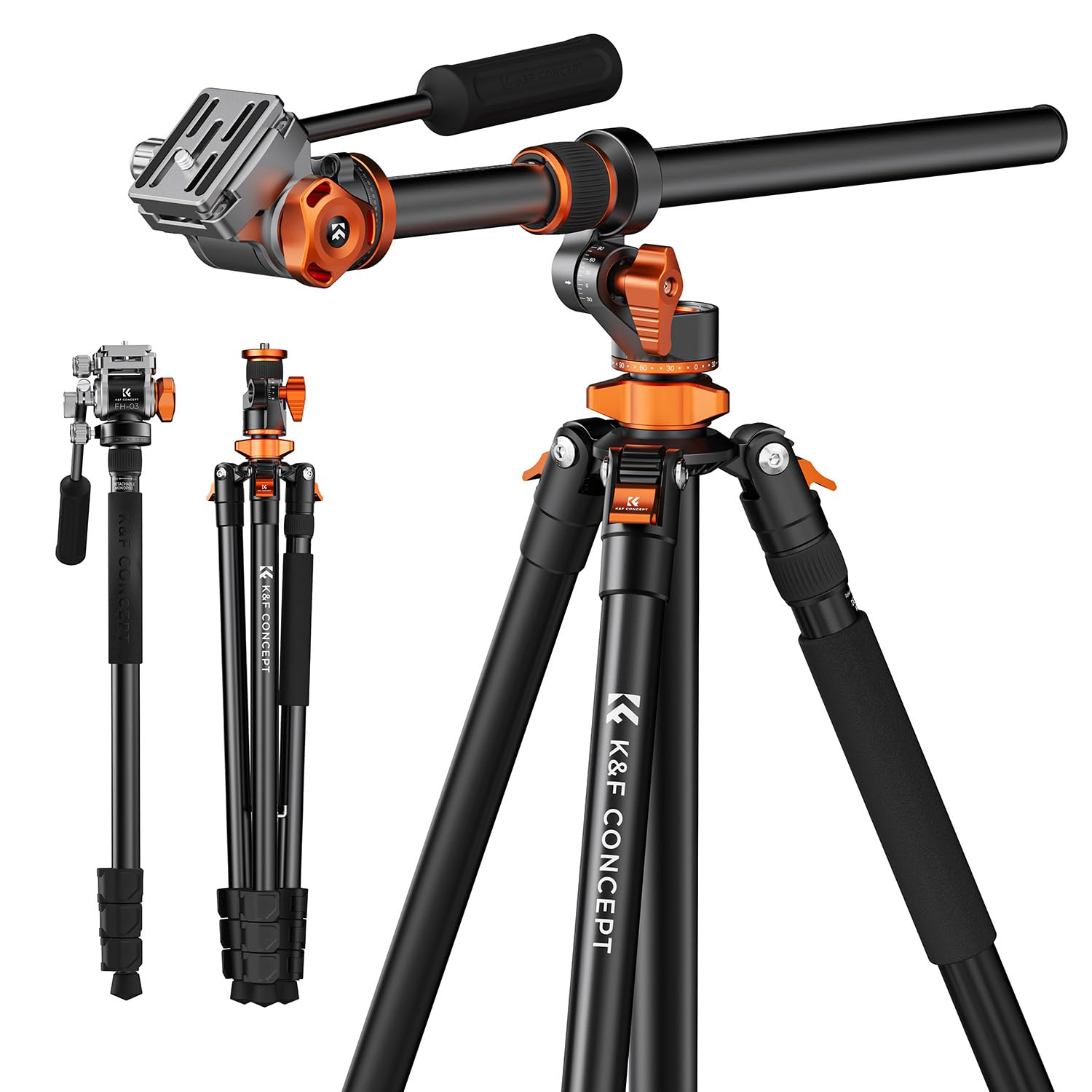 カメラ三脚一眼レフ K&F Concept 俯瞰撮影 ビデオカメラ三脚 231cm 三脚ブーム 中心軸横断 俯瞰撮影 パノラマ撮影 28mm大口径中心軸4段伸縮 360度回転 自由雲台 一脚可変式 1/4 "クイックシュー付き アルミ 最大耐荷重5Kg ビ