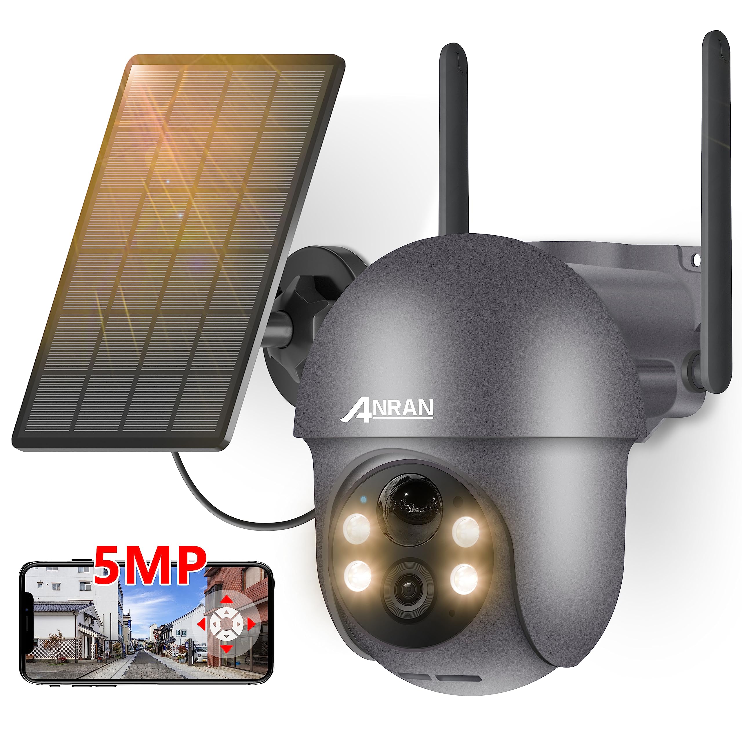 ANRAN 監視カメラ 屋外 ソーラー 防犯カメラ ワイヤレス 屋外 ソーラー 5MP超高画素 電源不要 完全無線5dBiWiFi強化 360°広角撮影 4灯夜間カラー撮影 Alexa対応 赤外線暗視 PI