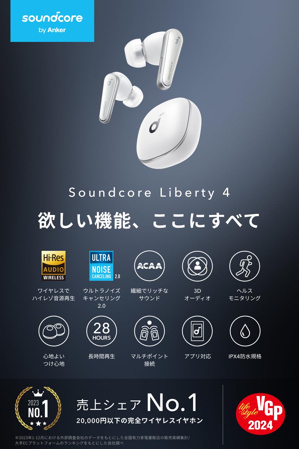Anker Soundcore Liberty 4（Bluetooth 5.3）【完全ワイヤレスイヤホン/ウルトラノイズキャンセリング 2.0 / 3Dオーディオ / ワイヤレス充電/マルチポイント接続/外音取り込み / 最大28時間再生 / ハイレゾ / douguselekushon-10001940 道具セレクション サンプル画像2