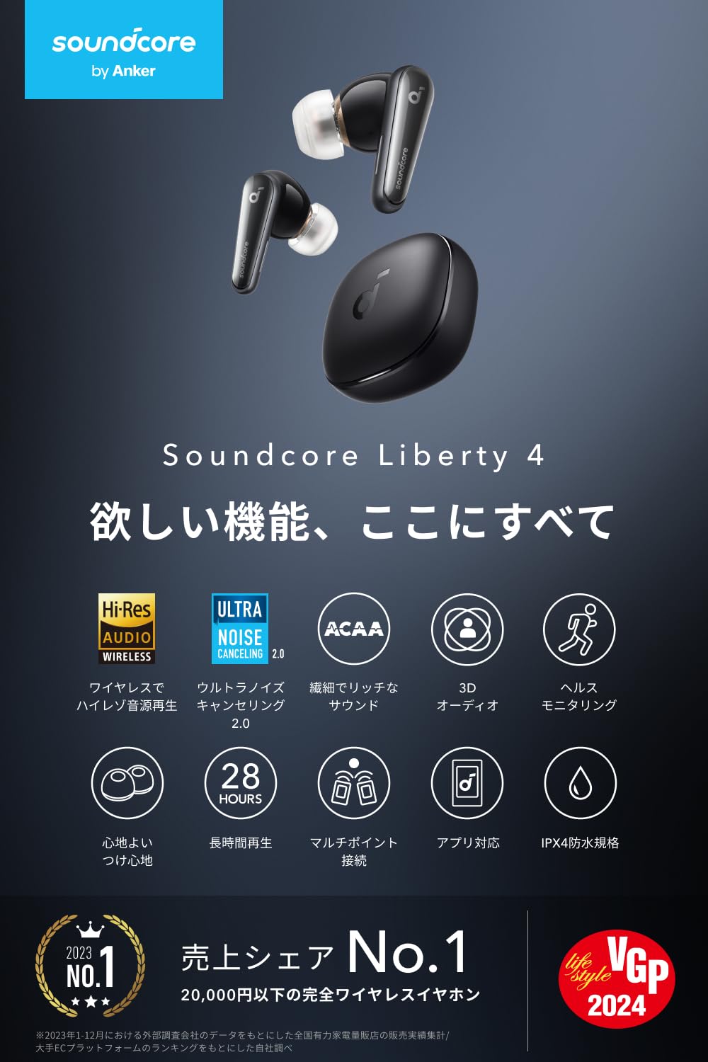 Anker Soundcore Liberty 4（Bluetooth 5.3）【完全ワイヤレスイヤホン/ウルトラノイズキャンセリング 2.0 / 3Dオーディオ / ワイヤレス充電/マルチポイント接続/外音取り込み / 最大28時間再生 / ハイレゾ / douguselekushon-10001942 道具セレクション サンプル画像2