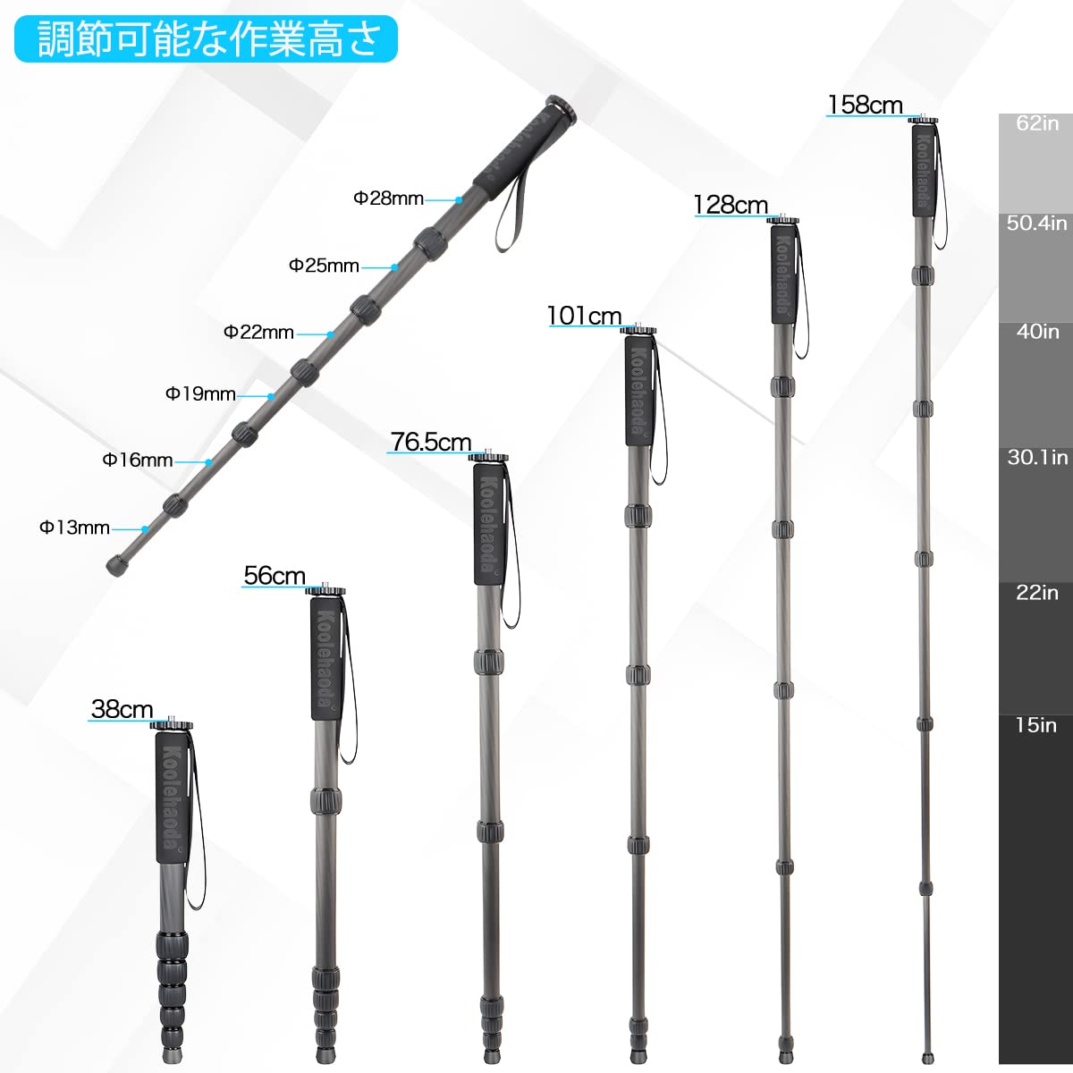 Koolehaoda 一脚カーボンファイバー製カメラ用旅行一脚 耐荷重10kg脚径28mm 6段階伸縮 収納高38cm コンパクト 便利 軽量 旅行用 (MP-286C) douguselekushon-10002032 道具セレクション サンプル画像3