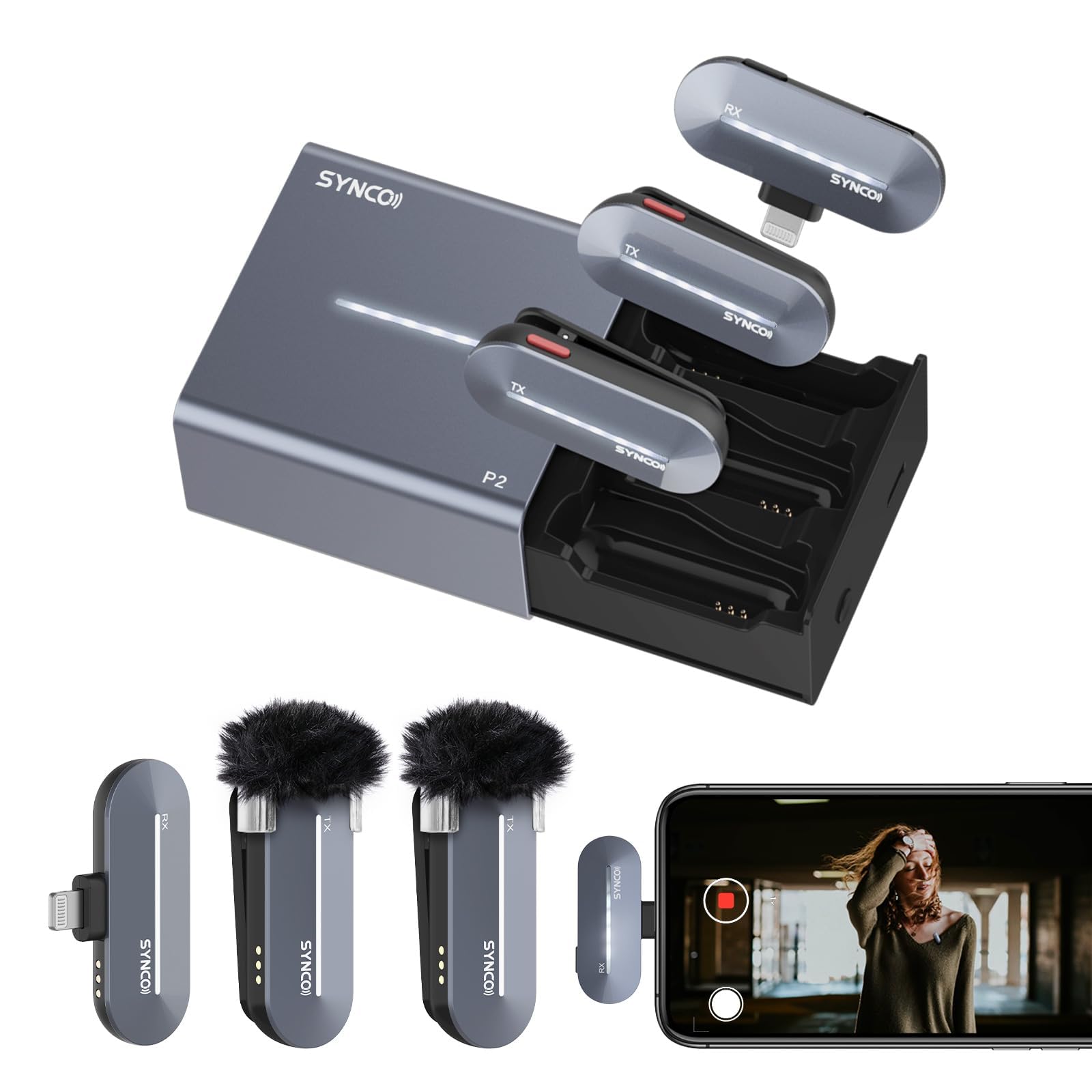 SYNCO ワイヤレスマイク for iPhone 14/13/12/11、ハイファイ音質、P2SL ミニマイク（充電ケース付属）TikTok、YouTube、ストリーミング、Vlog動画撮影、Lightningデバイス対応