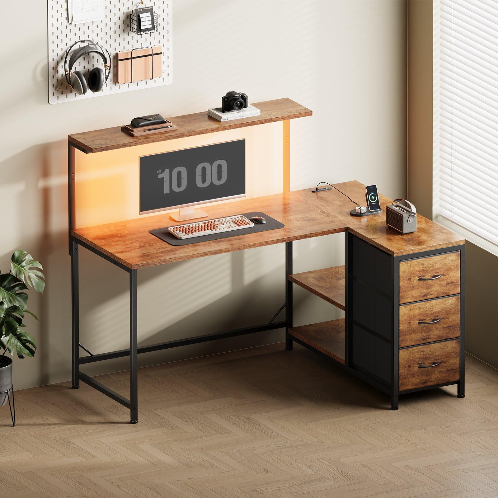 YeTom l字デスク 幅100.5cm パソコンデスク 机 pcデスク モニタ台の高さ調節可能 コーナーデスク 本棚付き 引き出しとコンセント付き 左右組み換え自由 オフィスデスク 勉強机 学習机 ホームオフィス用 書斎ビンテージ