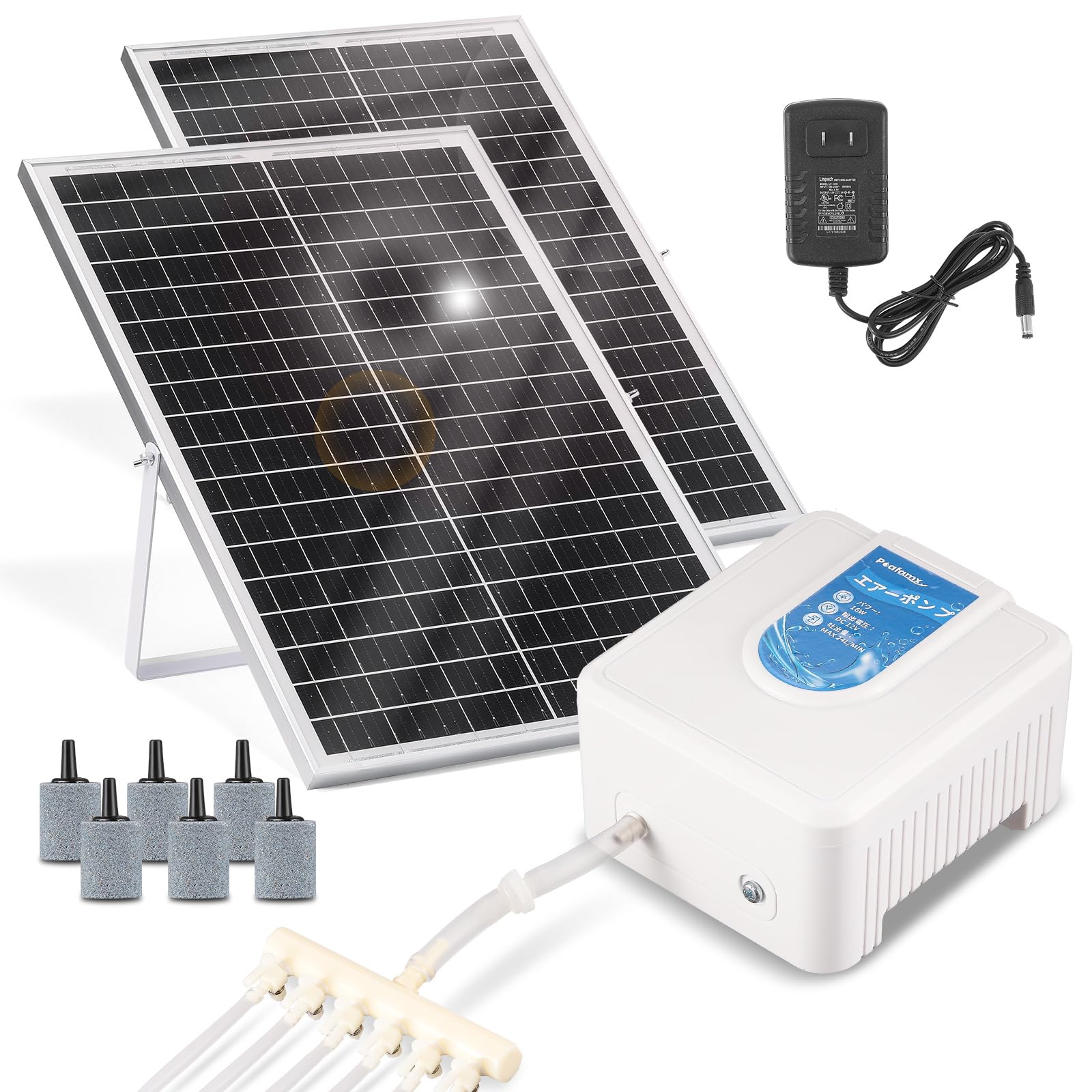 Poafamx ソーラーエアーポンプ 16W ソーラーパネル30w*2＋電源アダプター両用 吐出量24L/min 酸素ポンプ 水槽曝気 吐出口6つ 逆流防止弁付 お釣り用具 漁船 活魚 海水淡水 釣り箱 水槽 水族館 日本語取り扱い説明書付き