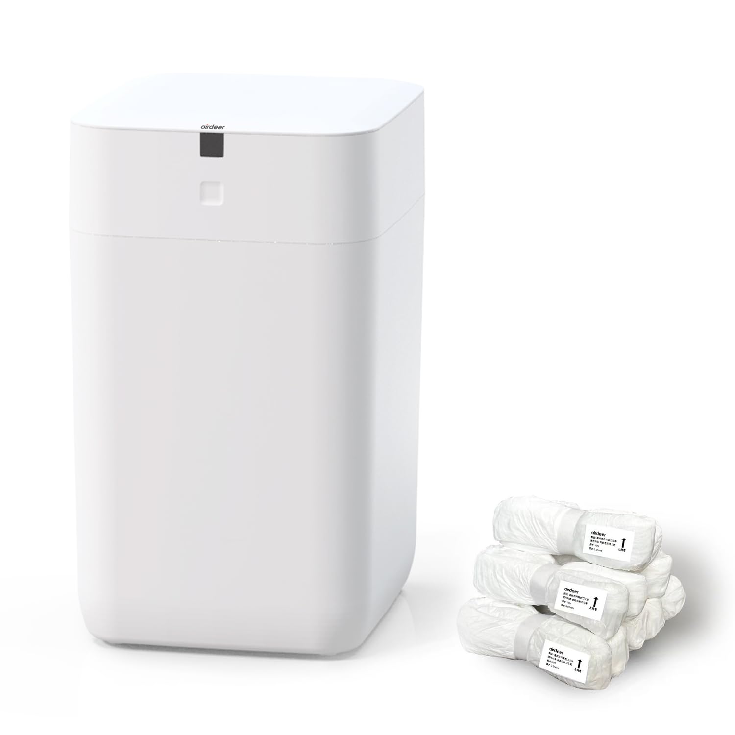 Airdeer 全自動ゴミ箱 自動梱包 自動開閉 15L 電動ゴミ箱 センサー付き 生ゴミ キッチン オムツ 猫砂 日本語音声ガイド機能 ホワイト(本体セット+補充用袋リング6個)