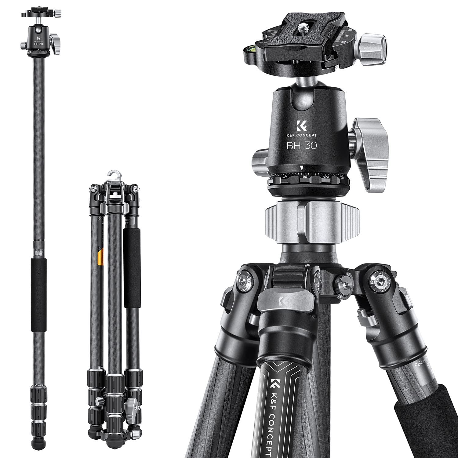 K&F CONCEPT 三脚 カーボンカメラ三脚 8層炭素繊維 全伸高 172cm 四段 一脚可変式 30mmボール低重心雲台 25mmパイプ径 耐荷重12kg ナットロック式 ビデオカメラデジタルカメラ 一眼レフカメラ Canon Nikon Sony用