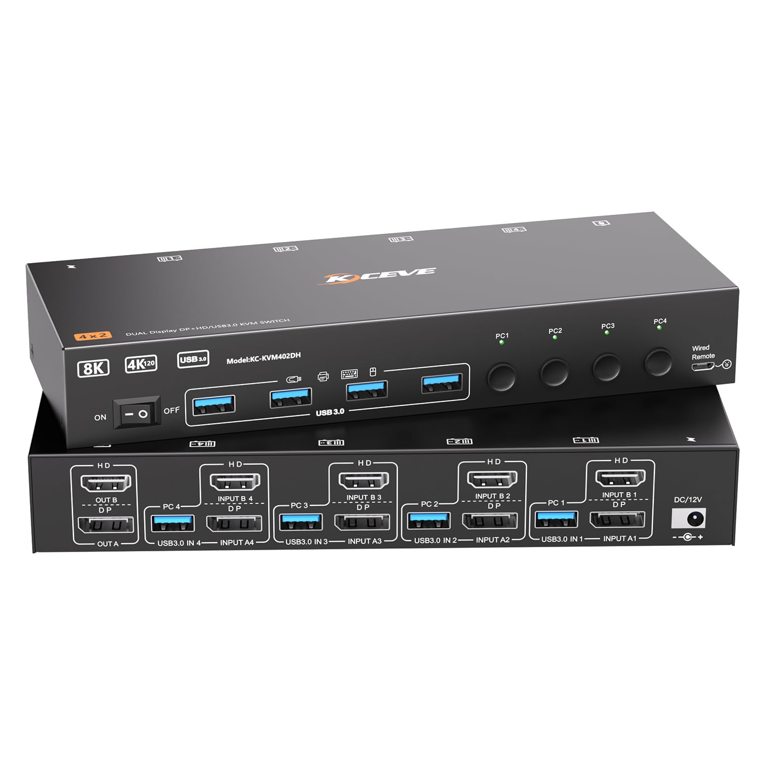 KCEVE 8K@60Hz USB3.0 KVM切替器 4入力2出力、ミラー/拡張モード KVM Switch KVMスイッチ PC4台とモニター2台対応 キーボード、マウスを4PCで共有 ドライバー不要 簡単に接続 手元スイッチ付き(8K@60Hz/4K