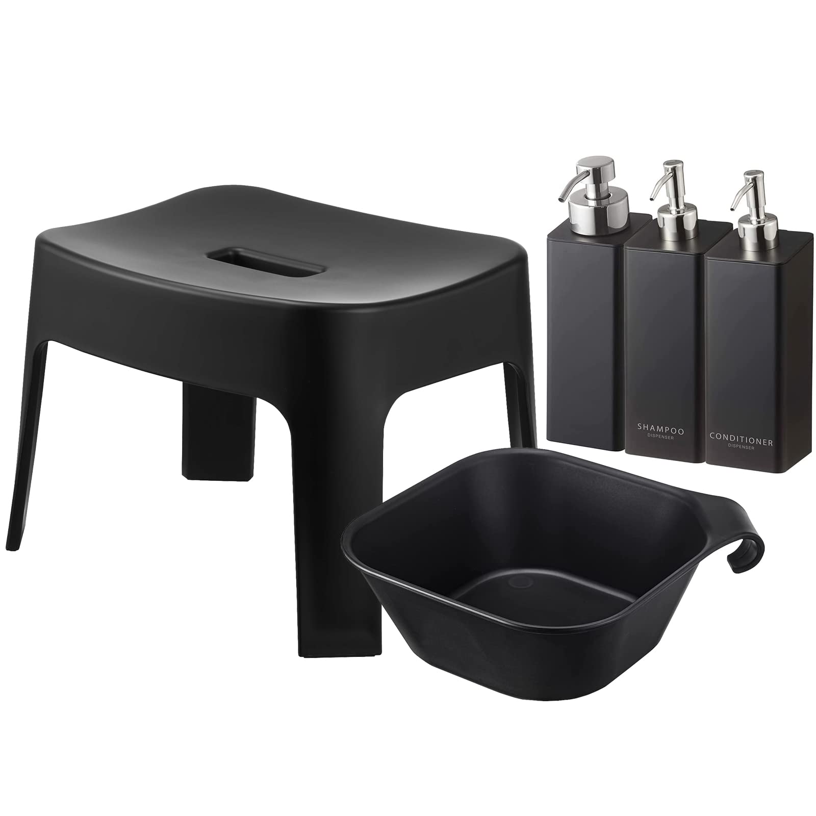 山崎実業(Yamazaki) マグネット風呂イス 座面高25cm + マグネット&引っ掛け湯おけ + マグネットディスペンサーボトル 3本セット 泡タイプ&ノーマルタイプ 【5点セット】 tower バスチェア ブラック 6926 5379 5211 42