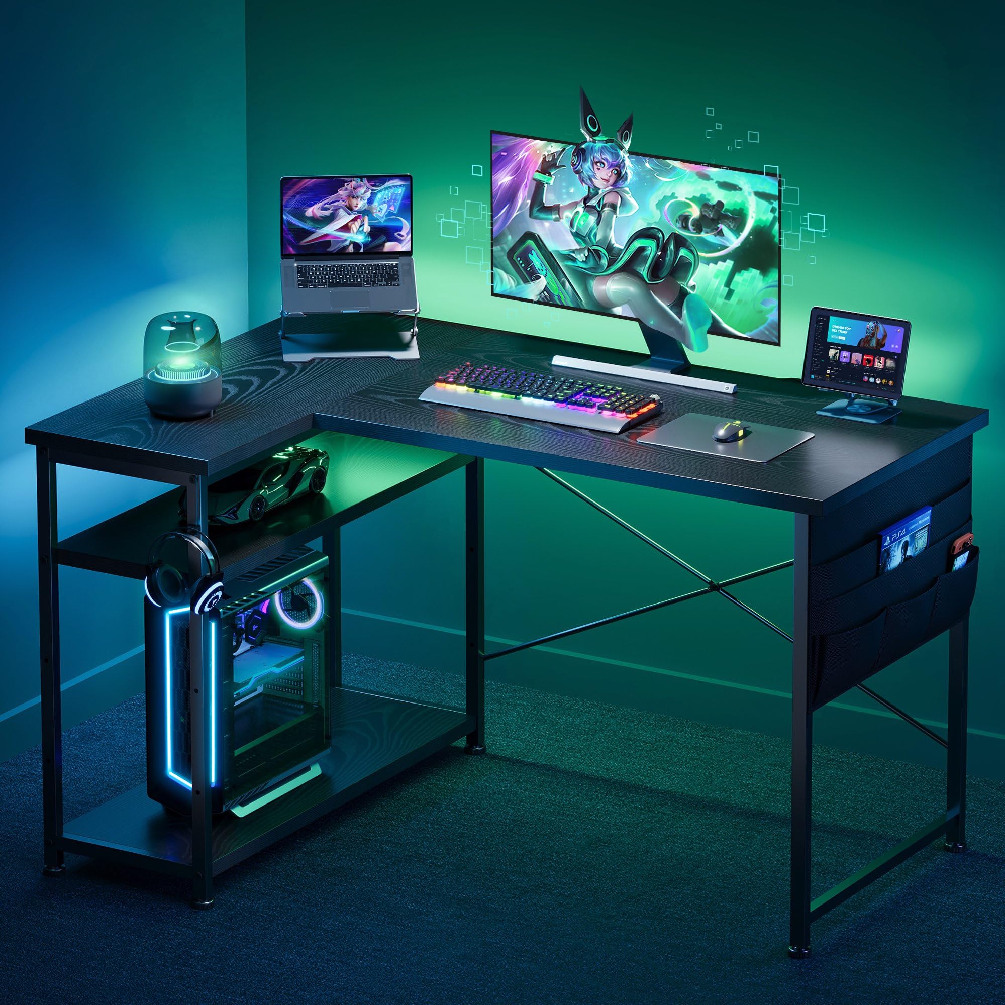 YeTom l字デスク ゲーミングデスク デスク 幅120cm pcデスク コーナーデスク 棚板高さ調節可能 収納袋付き L字型 PC 勉強机 作業 在宅勤務 リモートワーク ゲーム 書斎 収納ラック付き 黒い douguselekushon-10008494 道具セレクション サンプル画像2