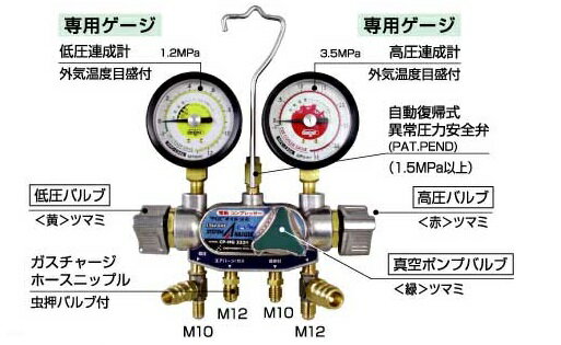 デンゲン マニホールドゲージ【ハイブリッド車用】 CP-MG333H 〈3バルブ方式〉