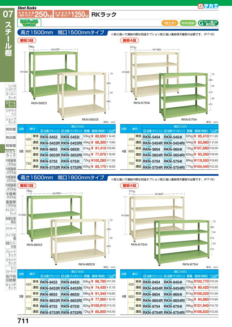 【ポイント10倍】【直送品】 サカエ RKラック(連結・均等耐荷重:250KG/段・3段タイプ) RKN-5453RI (171500) 【大型】
