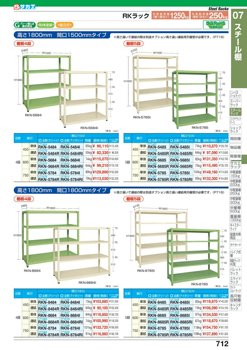 【直送品】 サカエ RKラック(連結・均等耐荷重：250KG/段・4段タイプ) RKN-5784RI (171514) 【大型】 2