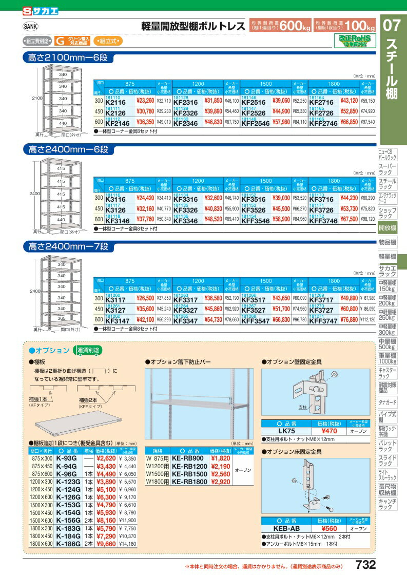 【直送品】 サカエ 軽量開放型棚(100KG/段・高さ2400MM・7段タイプ) KF3527 (181267) 【特大・送料別】 [2]