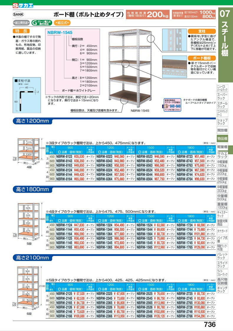 【ポイント5倍】【直送品】 サカエ ボード棚(ボルト止めタイプ)(200KG/段・3段タイプ) NBRW-8363 (204736) 【特大・送料別】 2