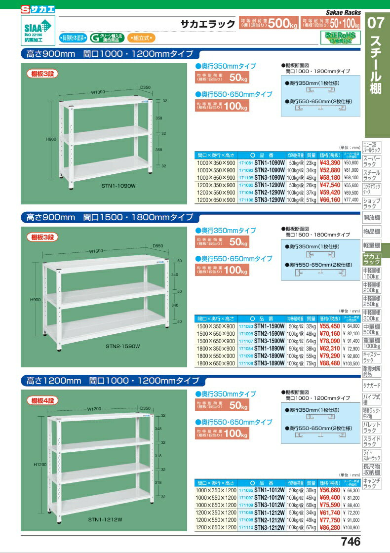 【直送品】 サカエ サカエラック(50KG/段・高さ900MM・3段タイプ) STN1-1290W (171082) 【大型】 2