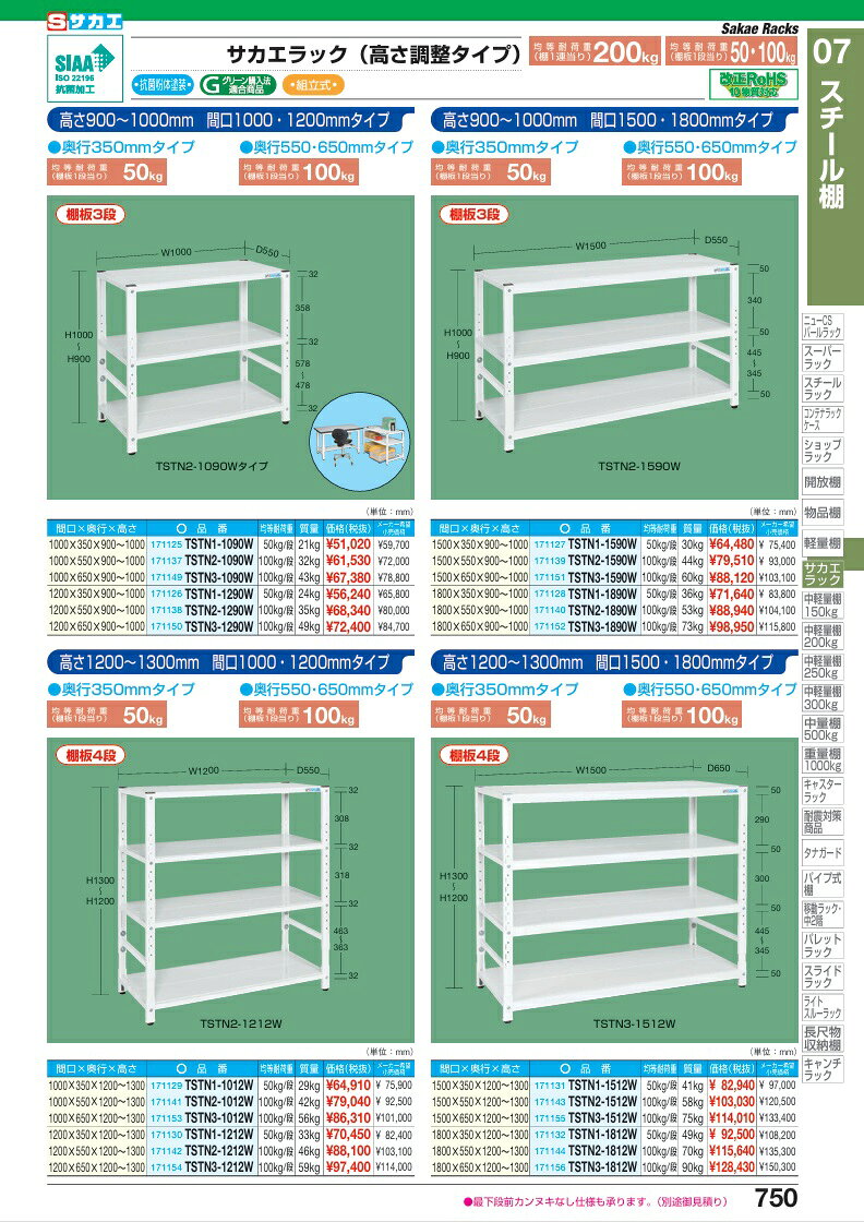 【ポイント10倍】【直送品】 サカエ サカエラック高さ調整タイプ(100KG/段・3段タイプ) TSTN3-1290W (171150) 【大型】 [2]