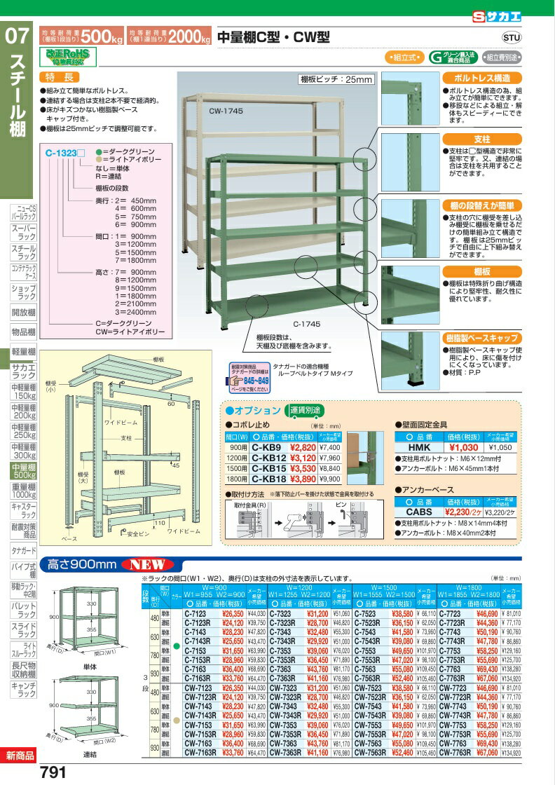 【直送品】 サカエ 中量棚C型(500KG/段・単体・H900MM・3段仕様) C-7163 (205636) 【大型】 [2]