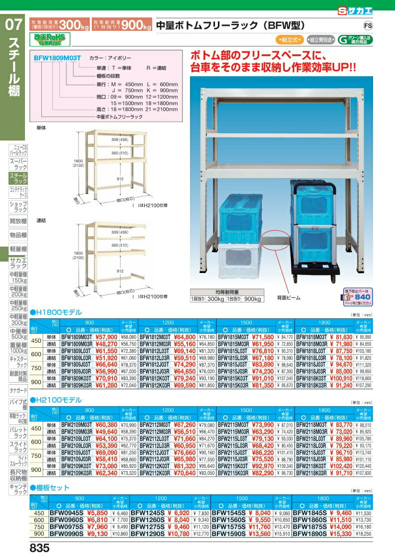 【ポイント10倍】【直送品】 サカエ 中量ボトムフリーラック(300KG/段・単体・3段タイプ) BFW2112L03T (179052) 【特大・送料別】 2