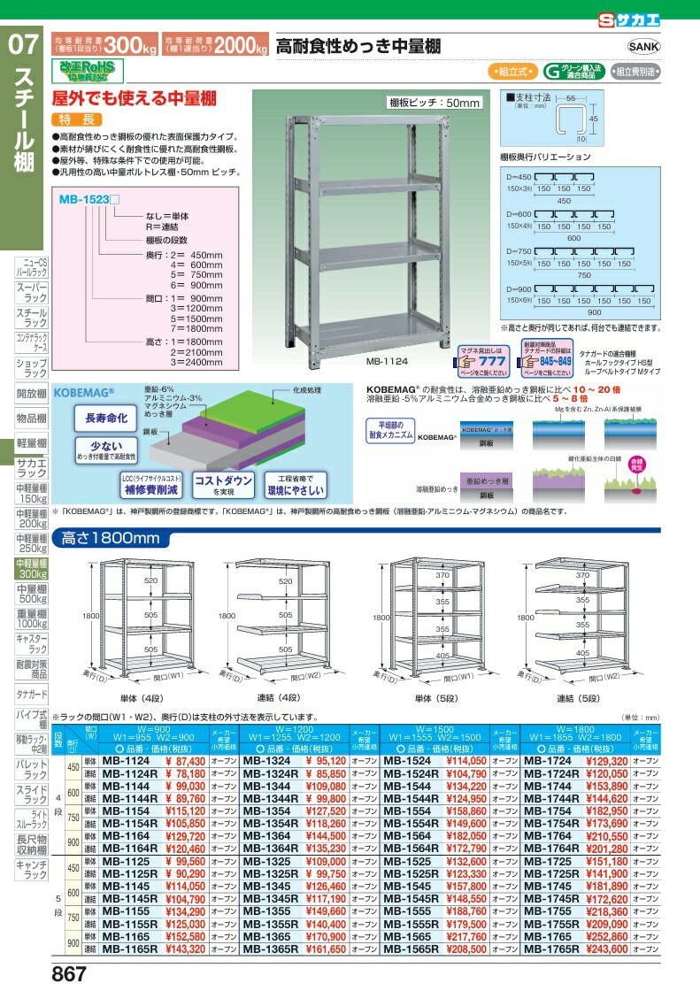 【直送品】 サカエ 高耐食性めっき中量棚(300KG/段・連結・5段) MB-1525R (206249) 【特大・送料別】 2