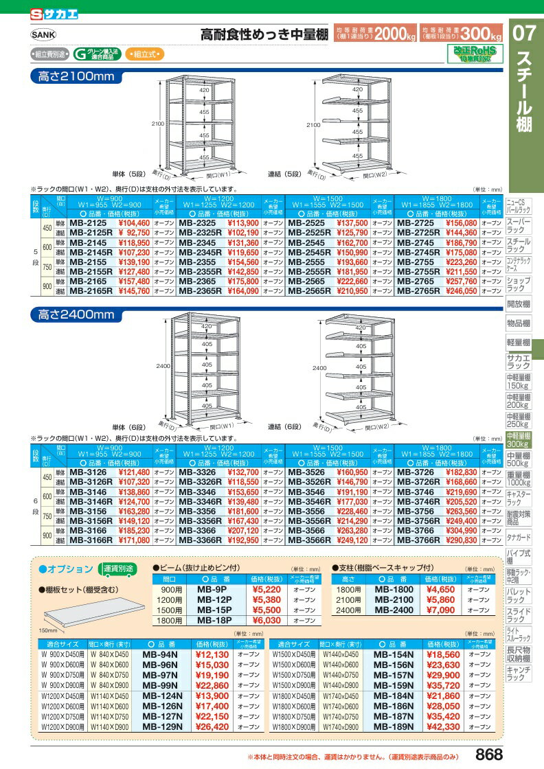 【直送品】 サカエ 高耐食性めっき中量棚(300KG/段・単体・6段) MB-3746 (206322) 【特大・送料別】 2