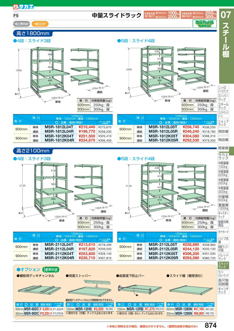 【直送品】 サカエ 中量スライドラック(5段：スライド4段・単体タイプ) MSR-1812K05T (186431) 【特大・送料別】 2