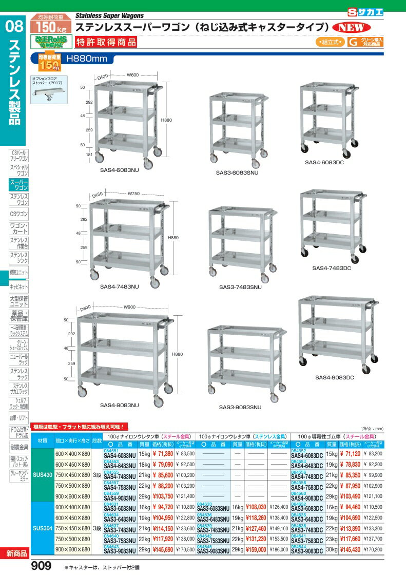 【ポイント10倍】【直送品】 サカエ ステンレススーパーワゴン(ねじ込み式)SUS304 SAS3-9083DC (084644) 【大型】 2