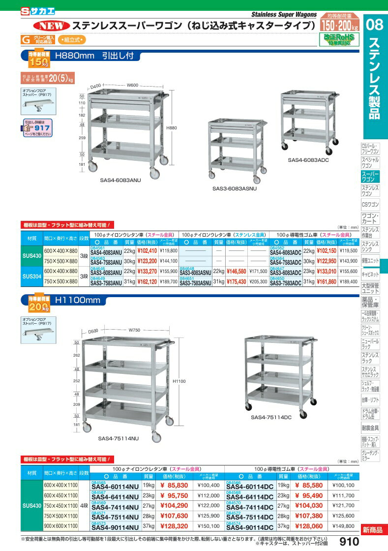 【直送品】 サカエ ステンレススーパーワゴン(ねじ込み式)SUS304 SAS3-7583ANU (084649) 【大型】
