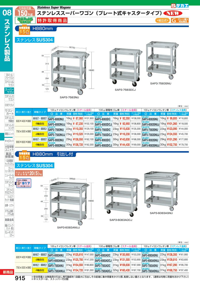 【ポイント5倍】【直送品】 サカエ ステンレススーパーワゴン(プレート式)SUS304 SAP3-6083ADC (084865) 【大型】 [2]