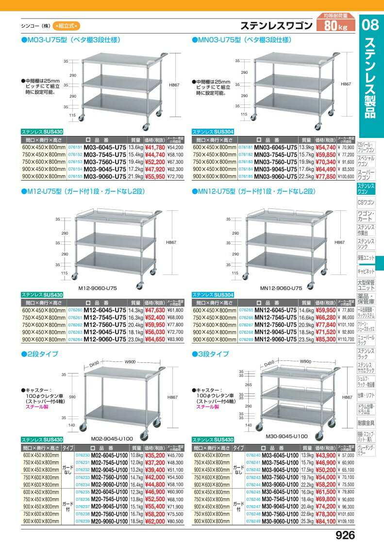 【ポイント5倍】【直送品】 サカエ ステンレスワゴン100Φ 2段タイプガードなし M02-9045-U100 (076232) 【特大・送料別】 2