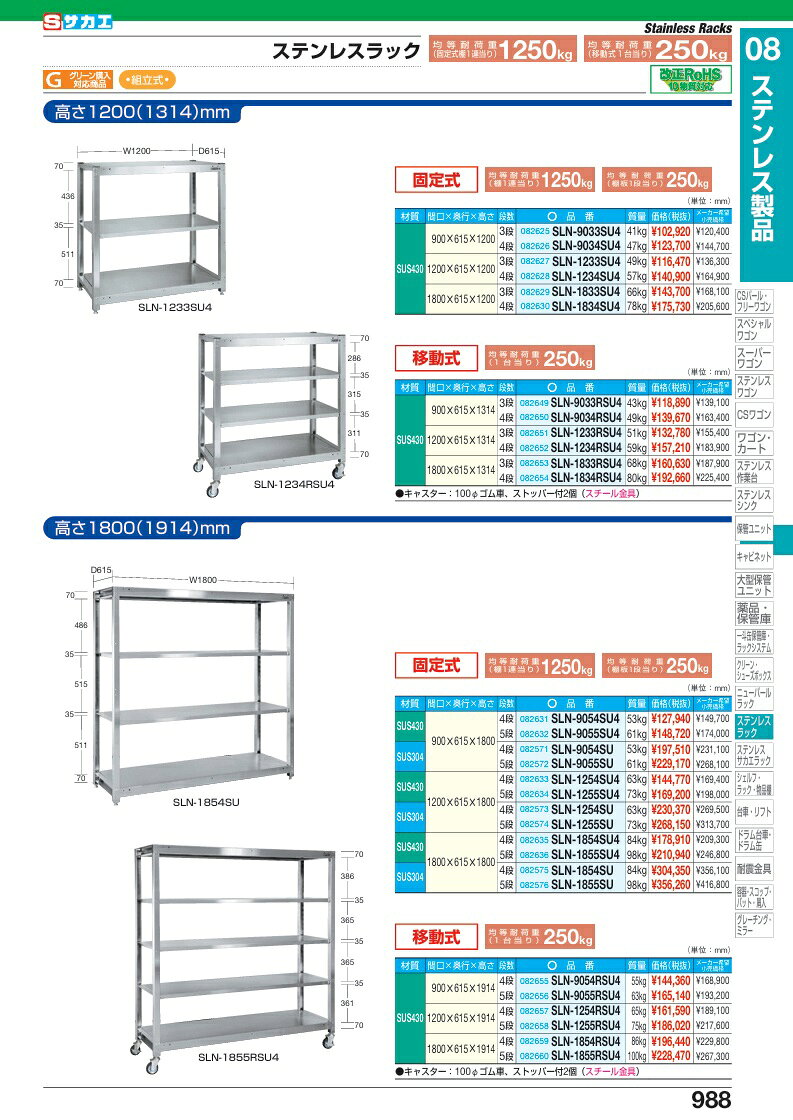 【ポイント10倍】【直送品】 サカエ ステンレスラック(固定式・SUS430) SLN-1833SU4 (082629) 【大型】